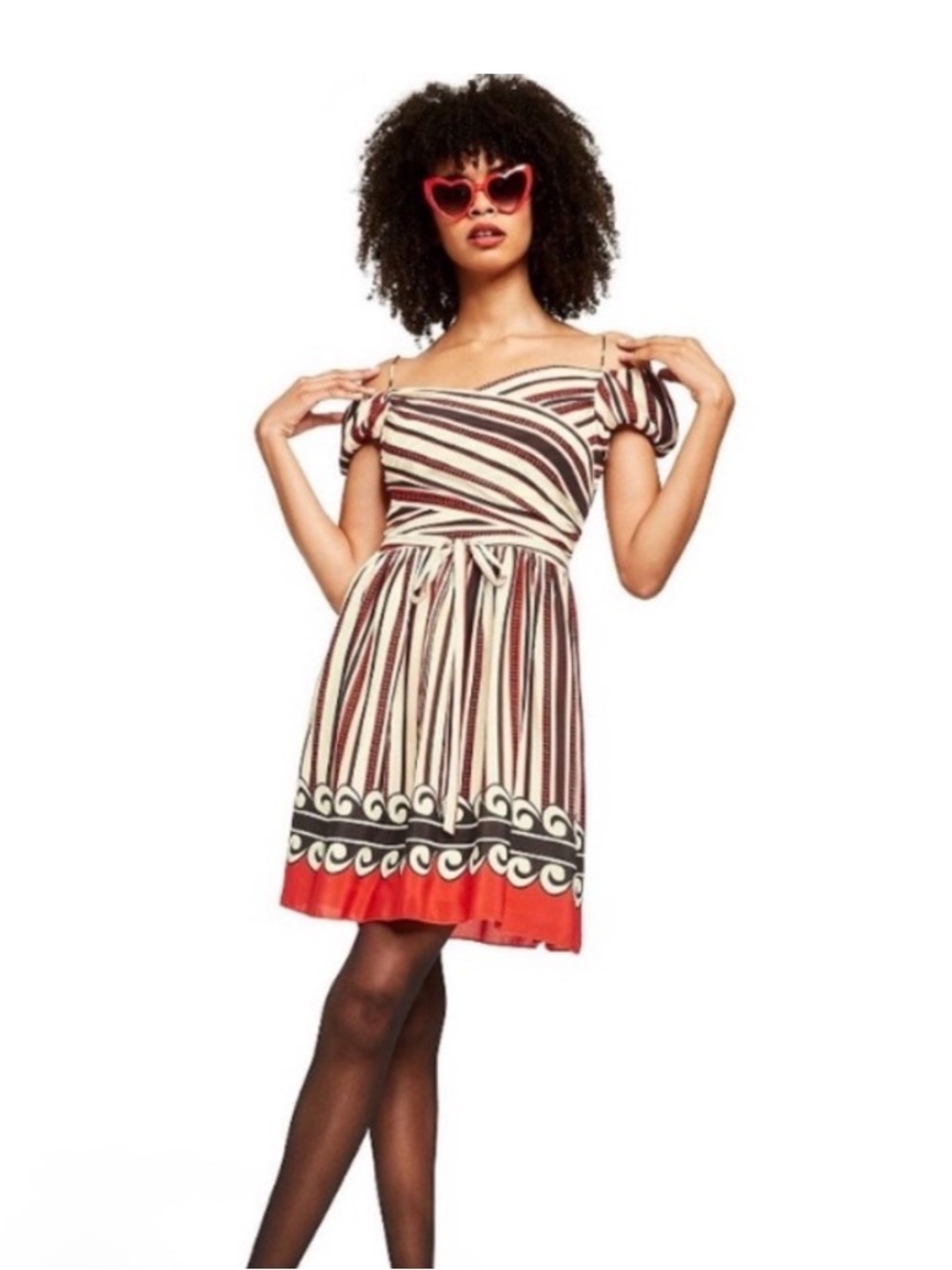 Anna Sui Striped Off-Shoulder Dress target collab black cream Medium 100% silk